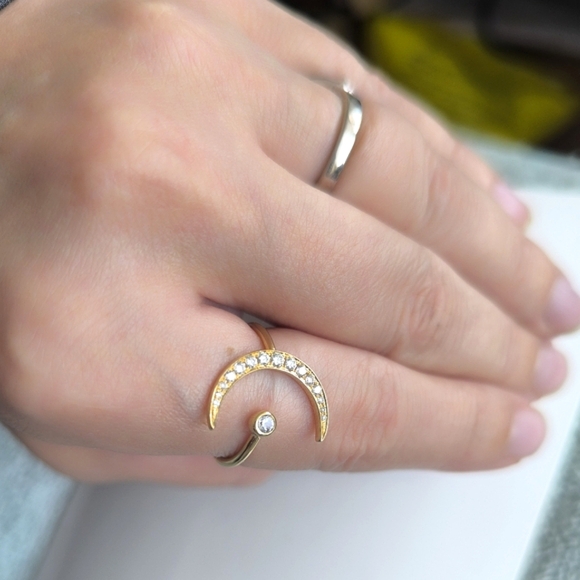 Half Moon Crescent Diamond White Sapphire 14K Yellow Gold Ring Ring - Picture 11 of 17